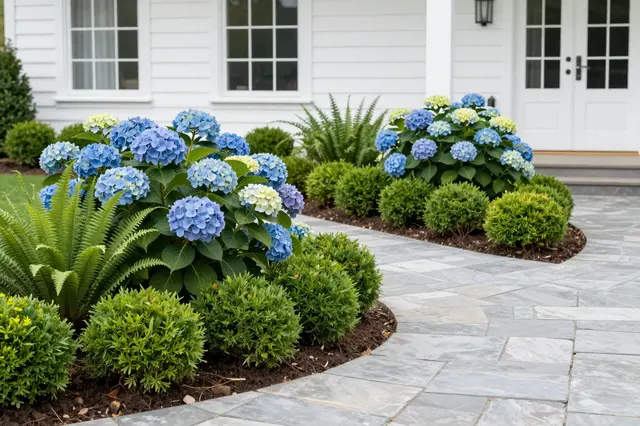 Curved garden beds of blue hydrangeas, ferns and boxwood line a stone walkway to a white farmhouse