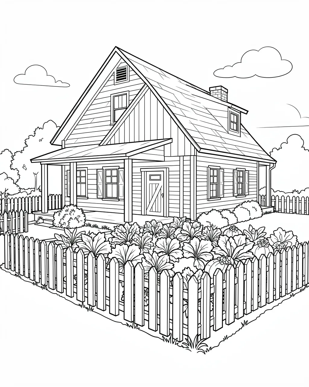 Black and white line art of a farmhouse with a vegetable garden enclosed by a picket fence on a white background