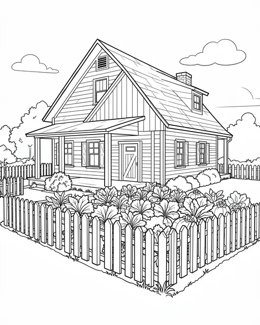 Black and white line art of a farmhouse with a vegetable garden enclosed by a picket fence on a white background