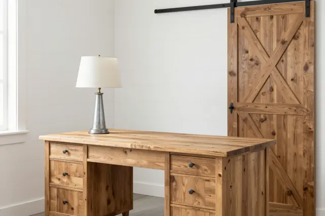 A reclaimed pine desk with a galvanized lamp sits beside a sliding barn door against white shiplap walls.