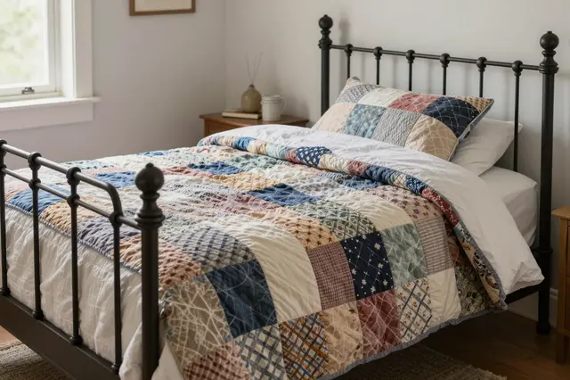 Cozy farmhouse bedroom with a black iron bed dressed in a patchwork quilt beside a wooden nightstand