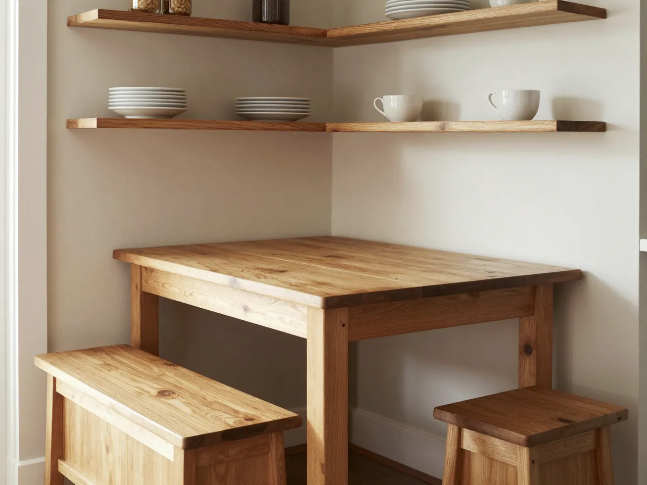 Sunny kitchen corner with a small wooden table, bench, stool, and open shelves holding dishware