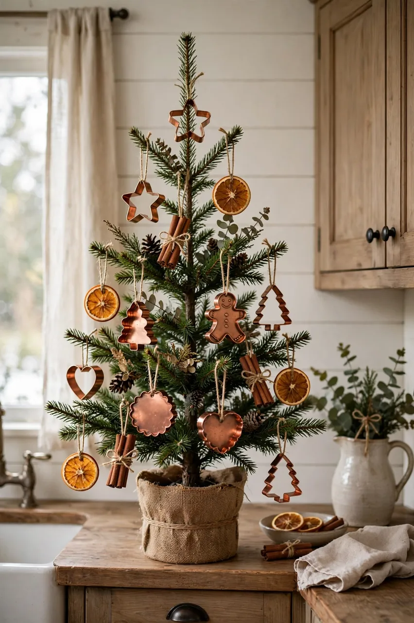 Small potted Christmas tree decorated with copper cookie cutters, dried orange slices and cinnamon sits on a rustic kitchen