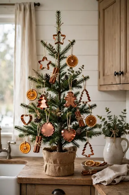 Small potted Christmas tree decorated with copper cookie cutters, dried orange slices and cinnamon sits on a rustic kitchen