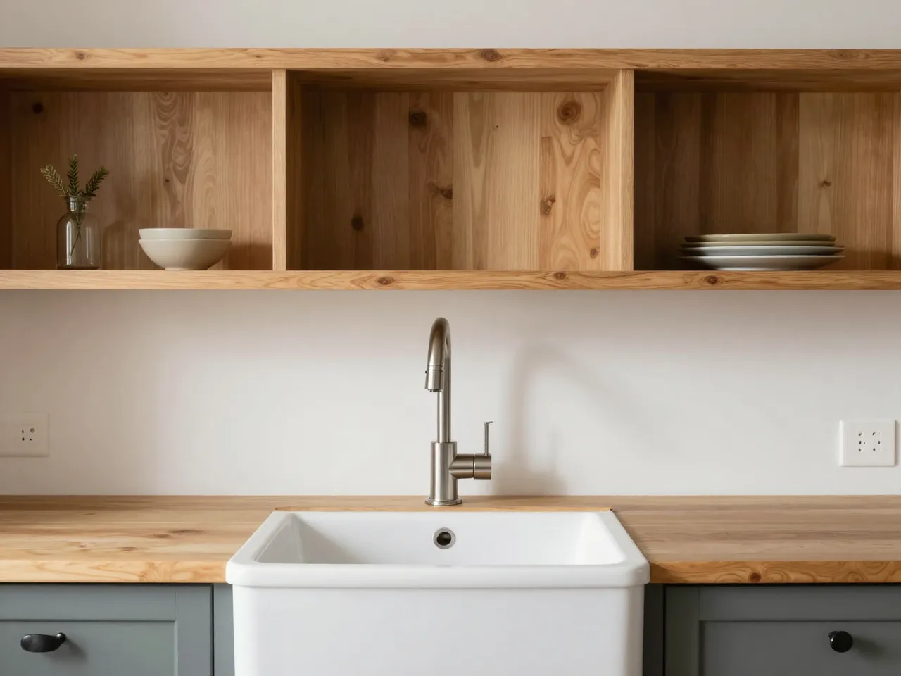 A minimalist farmhouse kitchen features an apron-front sink, open wooden shelves and matte cabinetry.