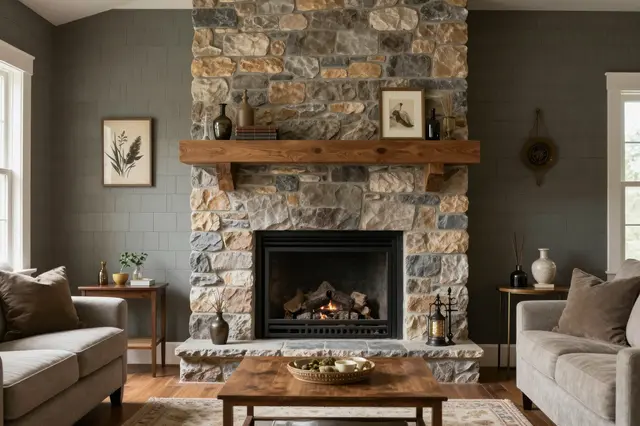 Cozy farmhouse living room centered on a stacked stone fireplace with warm neutral furnishings