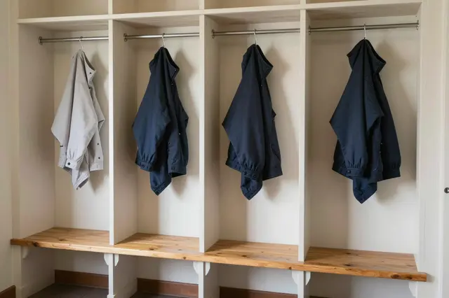 Built-in mudroom cubbies with a wooden bench seat and hanging coats