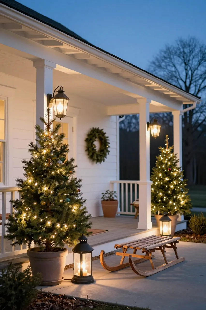 Festive white farmhouse porch decorated with lit spruce trees, lanterns and a wooden sled at blue dusk