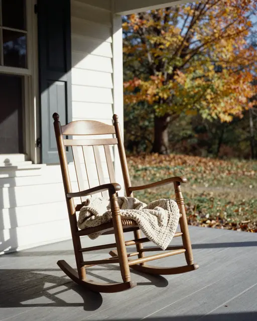 Wooden rocking chair with a knit blanket sits on a farmhouse porch in warm autumn sunlight
