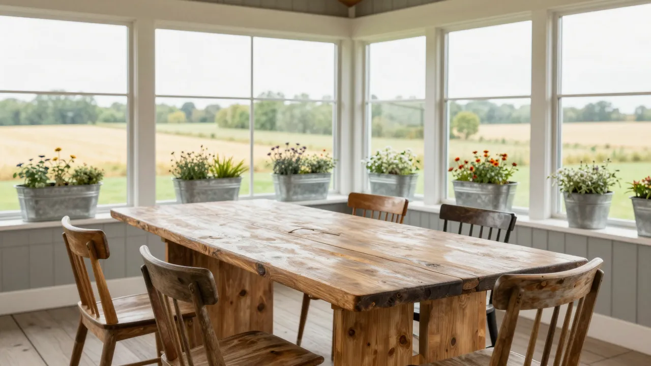 Bright farmhouse sunroom with a live-edge harvest table, mismatched wooden chairs, and galvanized planters by field-view