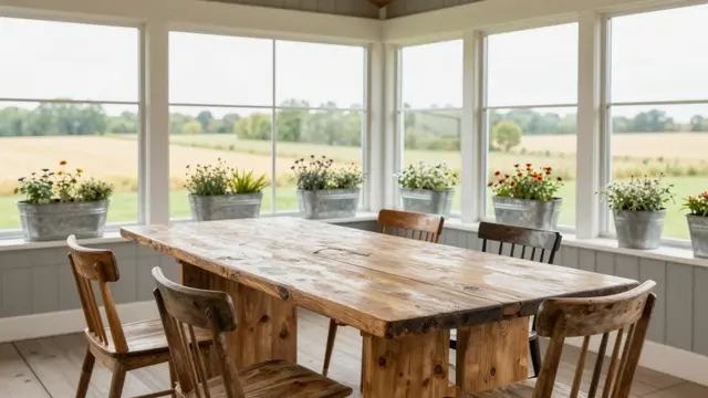 Bright farmhouse sunroom with a live-edge harvest table, mismatched wooden chairs, and galvanized planters by field-view