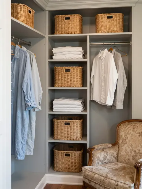 Organized painted closet shelves hold woven baskets, folded linens, chambray garments, and a vintage upholstered armchair