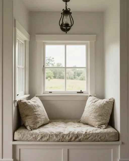 Cozy built-in window bench with linen cushions looks out to a green rural field