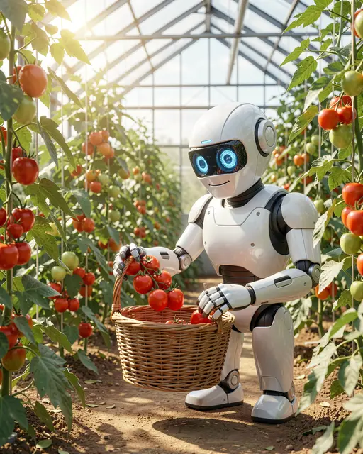 A friendly white robot picks ripe red tomatoes into a wicker basket inside a sunlit greenhouse