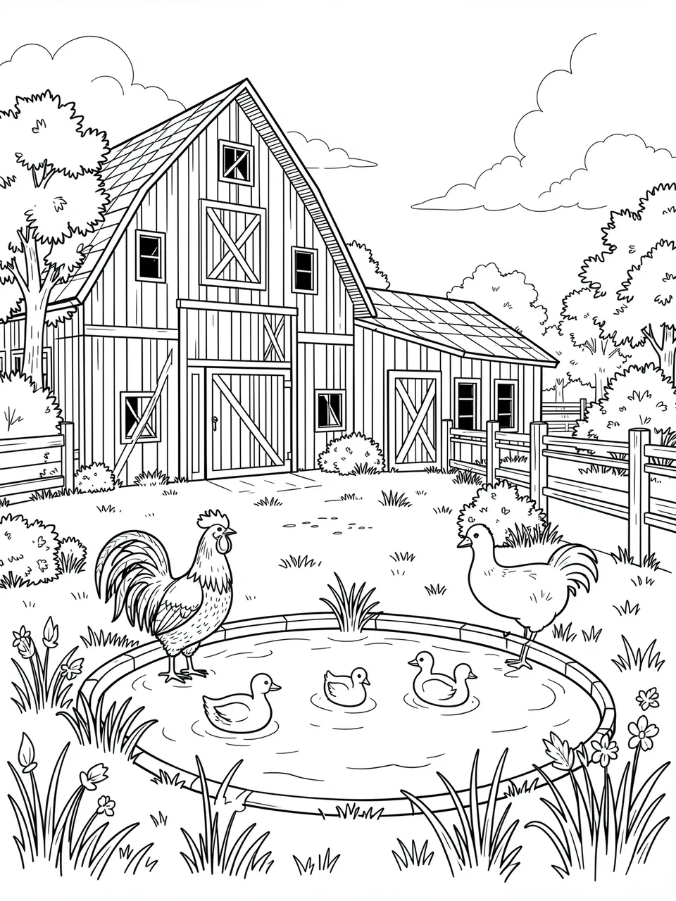 Black and white line art coloring page of a farmyard with a barn, roosters and a duck pond on a white background