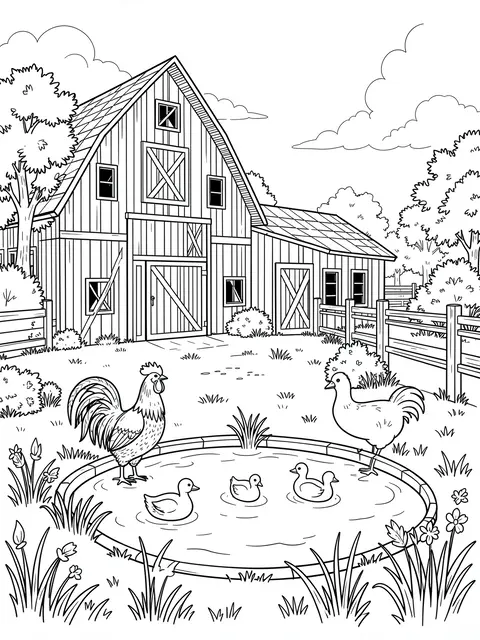 Black and white line art coloring page of a farmyard with a barn, roosters and a duck pond on a white background