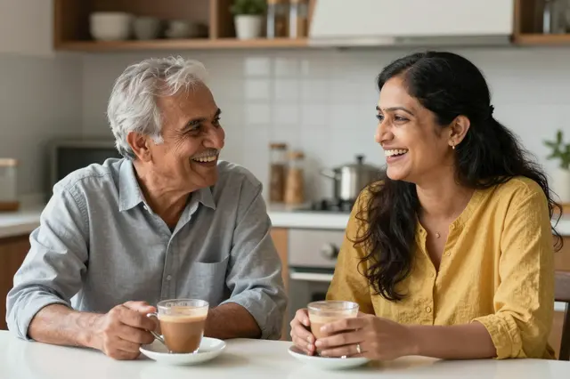 A senior South Asian man and a middle aged South Asian woman laugh together over chai at a kitchen table
