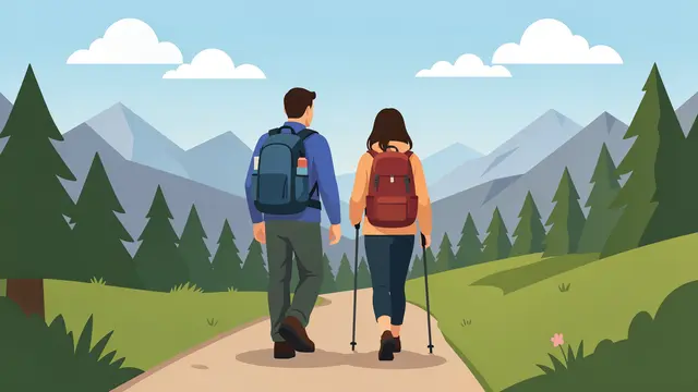 Back view of a father and adult daughter hiking along a mountain trail together