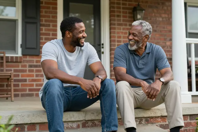 Two Black men, a middle aged man and his senior father, laugh together while sitting on brick house porch steps in warm late