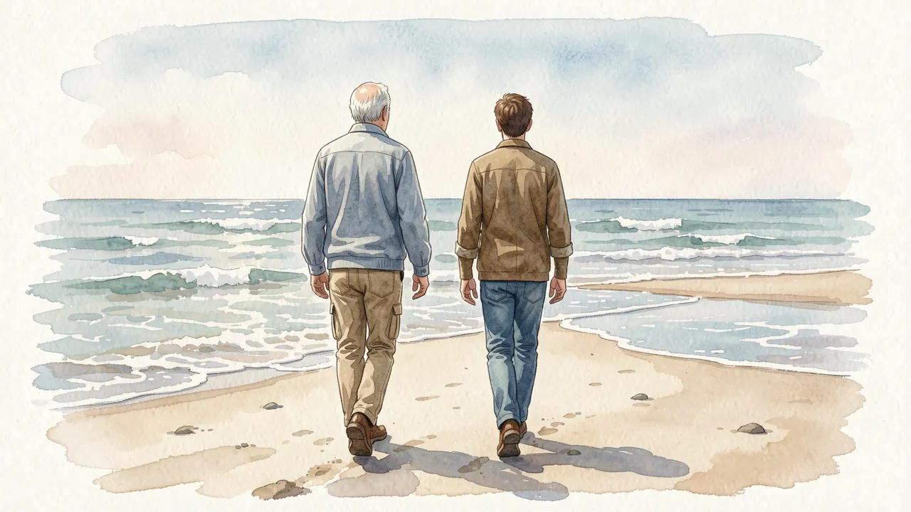 Seen from behind, an older senior man and adult son walk side by side along a sandy low-tide beach toward gentle ocean waves.