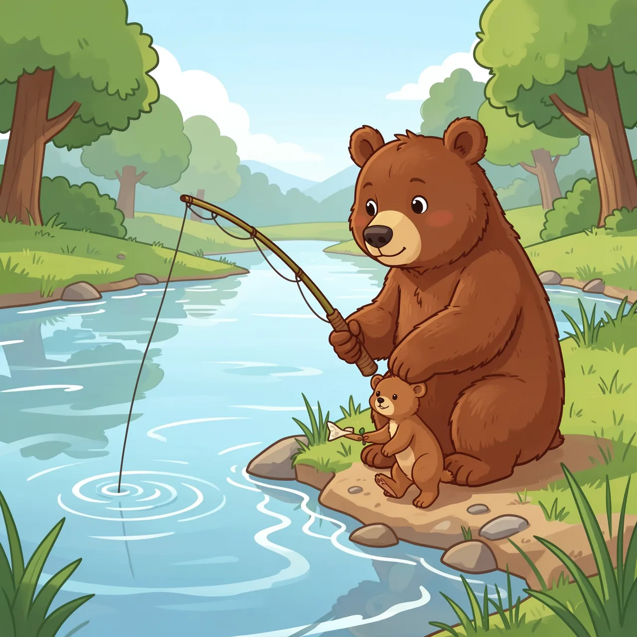 Cartoon illustration of an adult brown bear and small bear cub fishing together on a sunny riverbank.