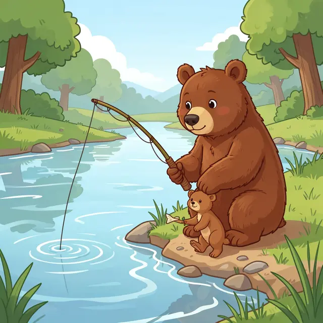 Cartoon illustration of an adult brown bear and small bear cub fishing together on a sunny riverbank.