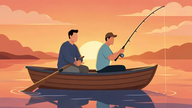 Two faceless adult men fish from a wooden rowboat on calm water at warm sunrise