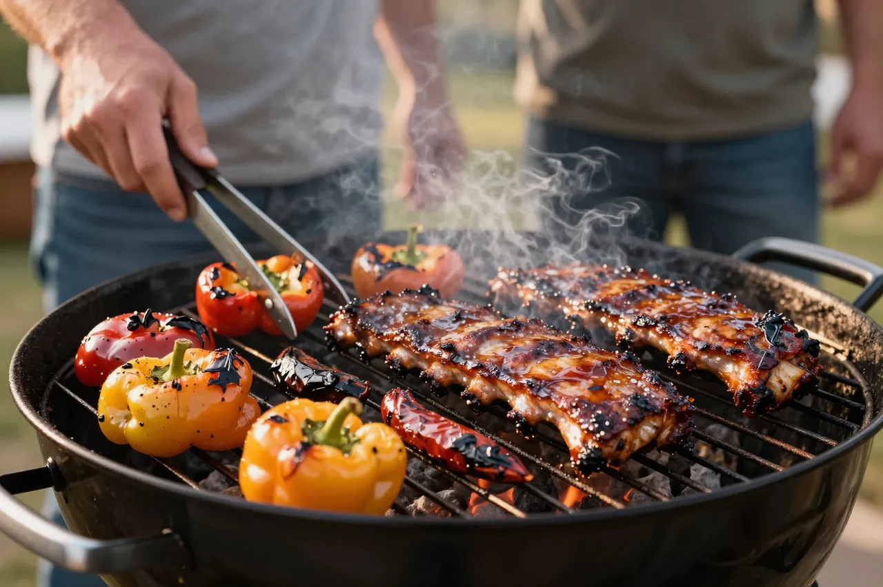 Glazed ribs and charred peppers cook on a charcoal grill as a person uses tongs at golden hour
