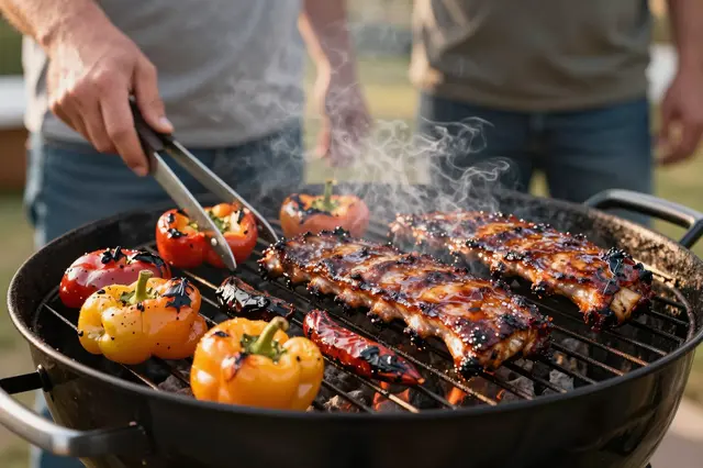 Glazed ribs and charred peppers cook on a charcoal grill as a person uses tongs at golden hour