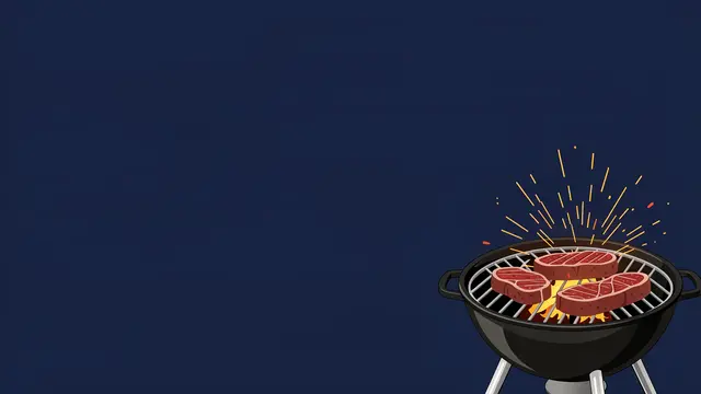 A charcoal grill with cooking steaks and sparks sits in the lower right against empty navy blue copy space.