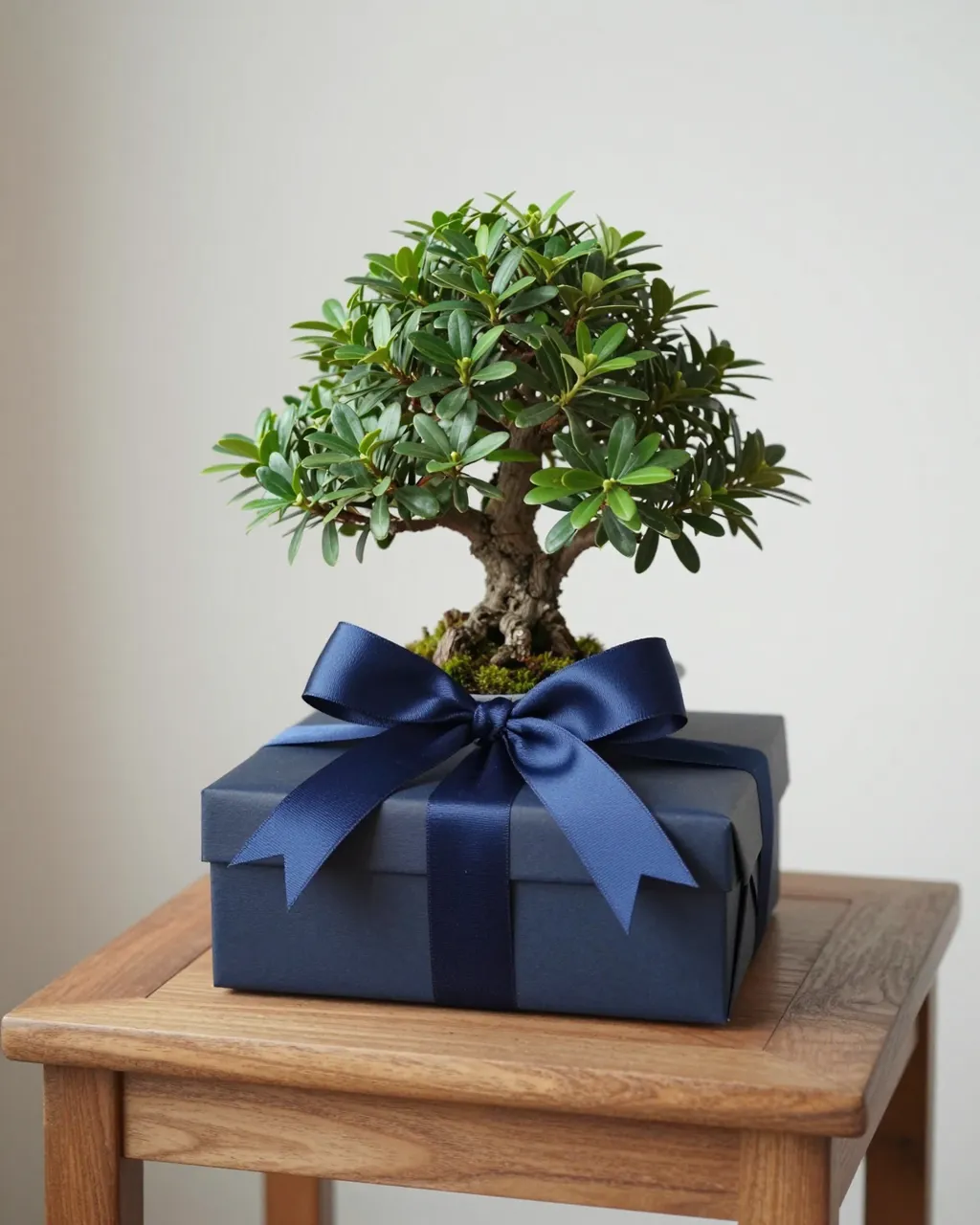 Bonsai tree sitting above a navy gift box on a small wooden side table in soft indoor light