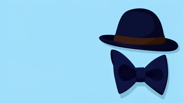 A dark navy bow tie and fedora hat sit on the right side of a solid light blue background with empty left copy space.