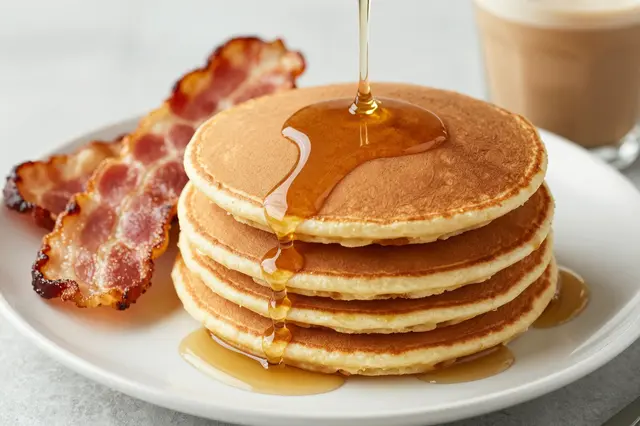 Maple syrup pours over a stack of pancakes next to crispy bacon and a coffee drink on a white plate