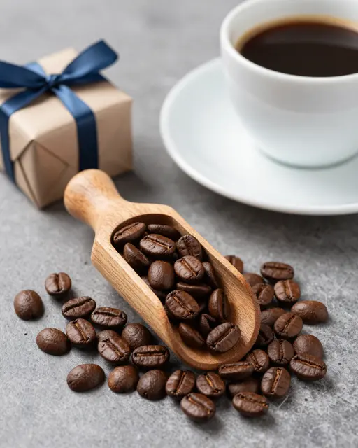 Wooden scoop of roasted coffee beans, small wrapped gift, and espresso cup sit on a gray stone surface
