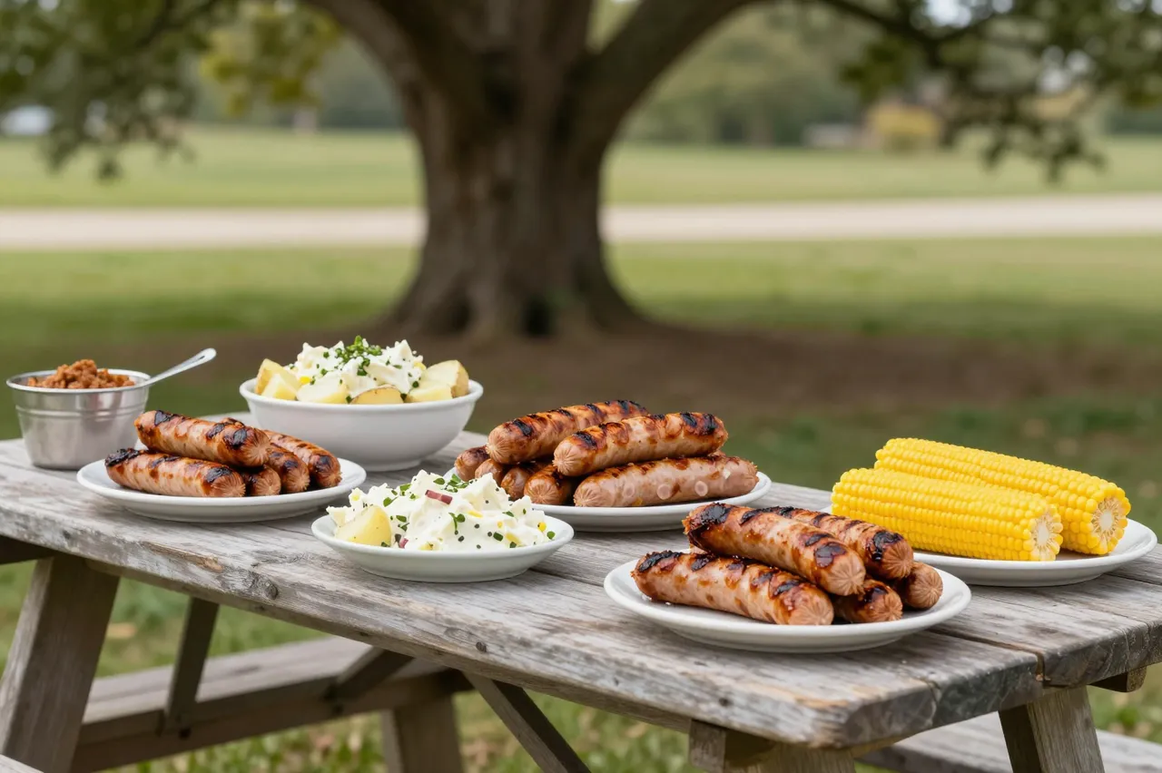 Grilled sausages, potato salad and corn rest on a wooden picnic table under an oak tree