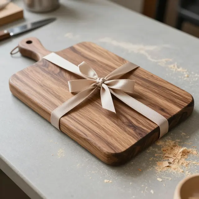 Walnut wood cutting board tied with a satin bow rests on a sawdust-dusted workshop workbench