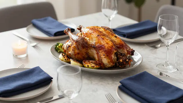 Set dining table with roasted chicken, grilled vegetables, dark blue napkins, and a lit candle for a festive dinner.