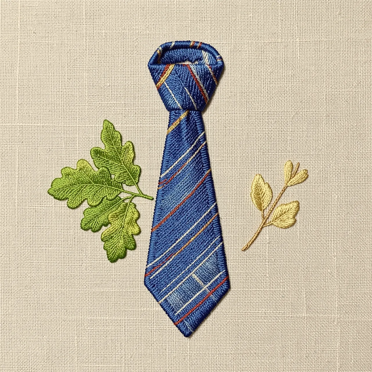 Stitched embroidery of a striped necktie and oak sprigs on textured linen fabric