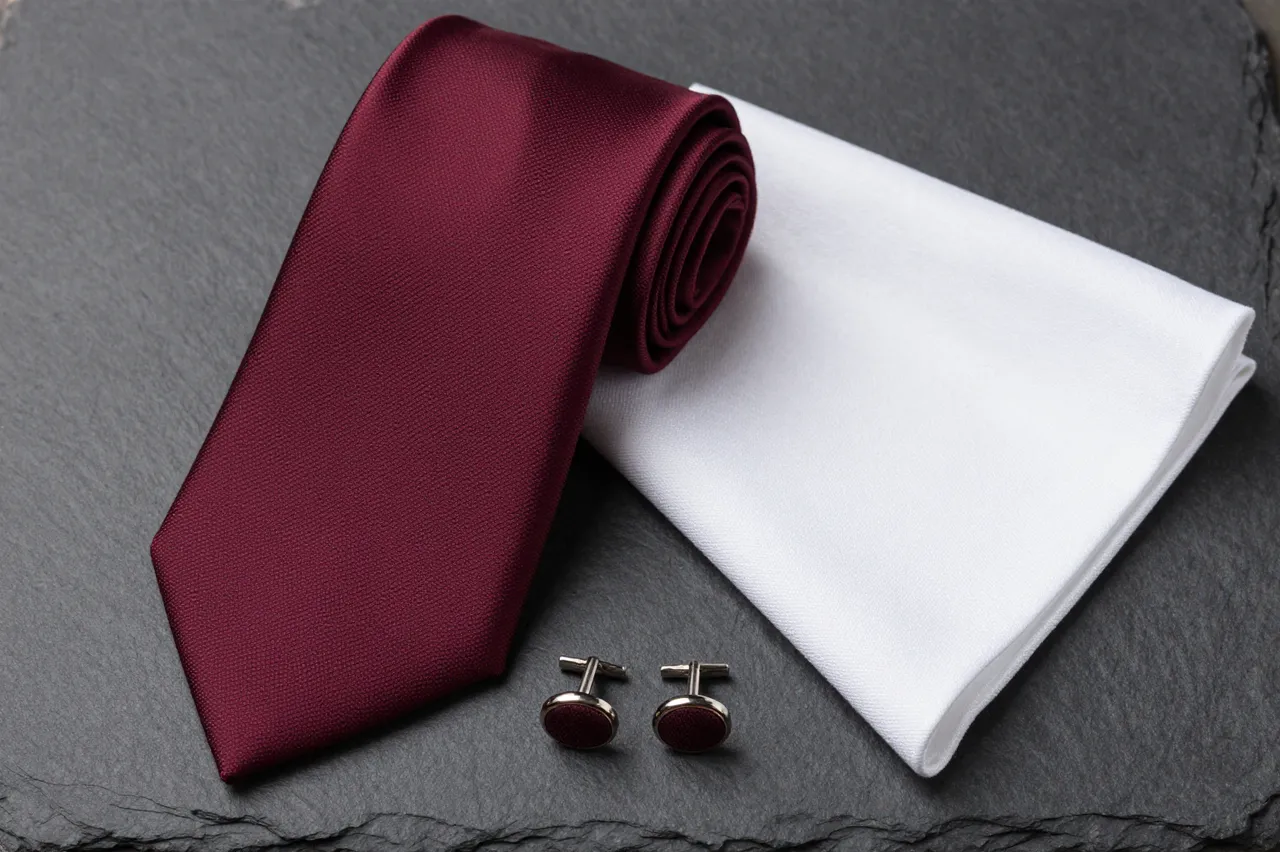 Rolled burgundy tie, white pocket square and matching cufflinks rest on dark slate stone