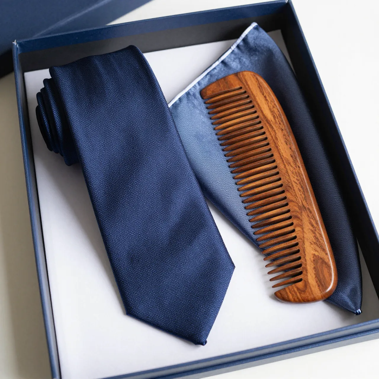 Top view of an open navy gift box holding a rolled silk tie, pocket square and wooden comb on a white surface