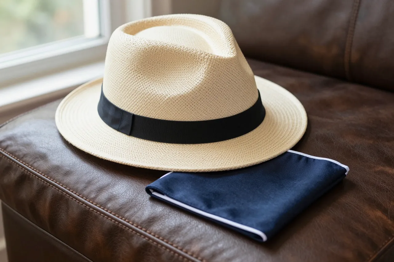 A straw fedora and navy pocket square rest on a brown leather armchair by a sunlit window.