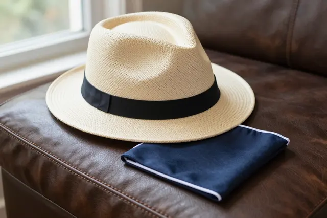 A straw fedora and navy pocket square rest on a brown leather armchair by a sunlit window.