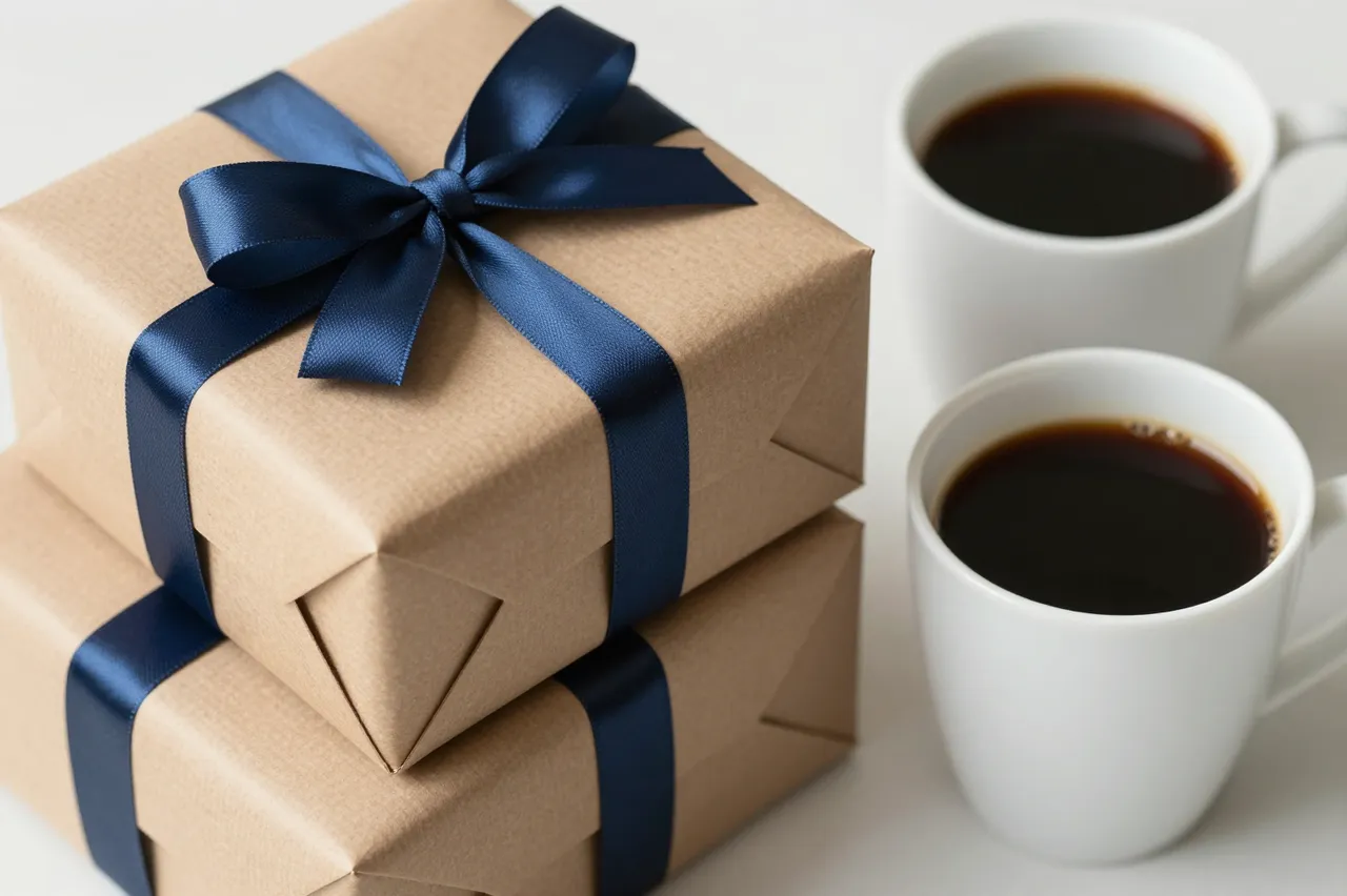 Stacked kraft paper gift boxes with navy satin ribbon sit beside two mugs of black coffee in soft morning light