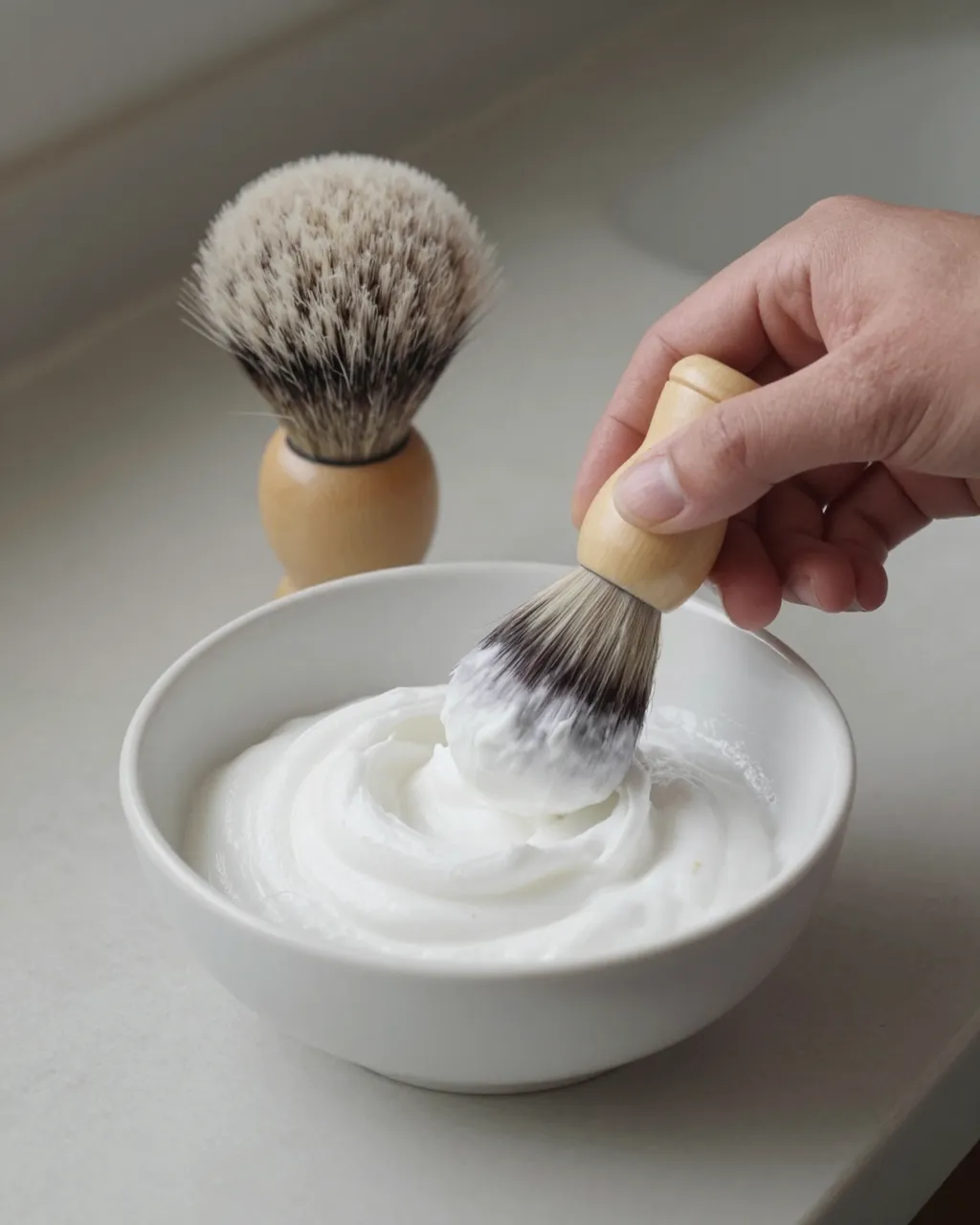 A hand swirls a shaving brush in lather inside a white ceramic bowl on a light countertop, with a second brush nearby