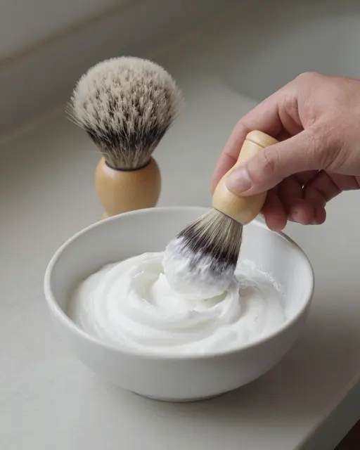 A hand swirls a shaving brush in lather inside a white ceramic bowl on a light countertop, with a second brush nearby