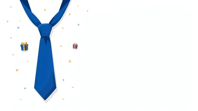 Flat vector illustration featuring a blue necktie, small gift boxes, and stars with empty white copy space on the right