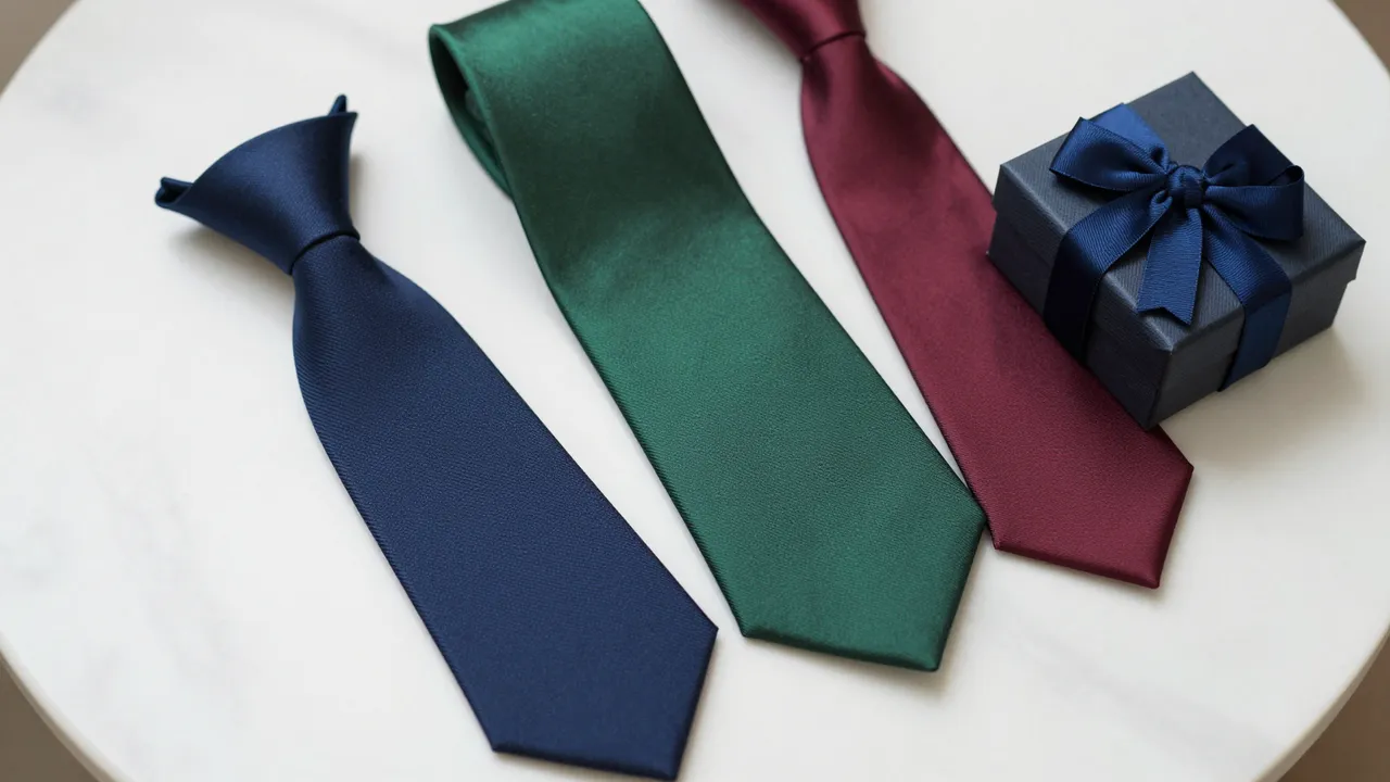 Three silk ties and a small gift box rest on a white marble tabletop.