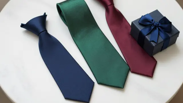 Three silk ties and a small gift box rest on a white marble tabletop.