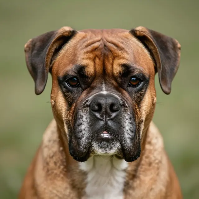 Close-up head portrait of a fawn boxer dog looking directly at the camera against a soft olive green backdrop