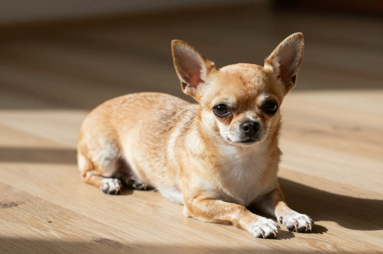 A short-haired fawn chihuahua lies calmly on a sunlit wooden floor looking at the camera.